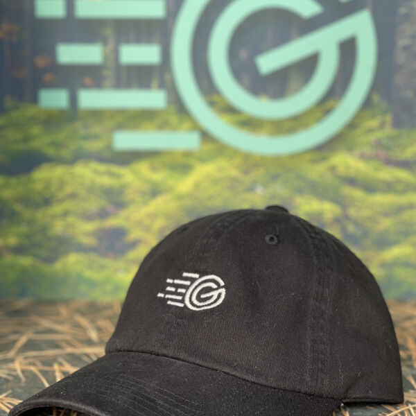 Greener Gear Unstructured Dad Hat - White design on black Thumbnail